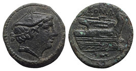 Anonymous, Rome, 217-215 BC. Æ Semuncia (20mm, 5.66g, 6h). Head of Mercury r., wearing winged petasus. R/ Prow r. Crawford 38/7; RBW 100. Green patina...