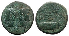 Augustus and Agrippa (27 BC-14 AD). Æ As (26mm, 10.58g, 10h). Gaul, Nemausus, c. 10-14. Heads of Agrippa, wearing combined rostral crown and laurel wr...