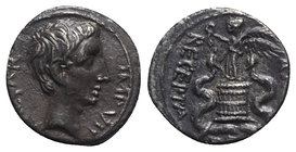 Augustus (27 BC-AD 14). AR Quinarius (13mm, 1.77g, 10h). Uncertain Italian or Ephesus, 29-8 BC. Bare head r. R/ Victory standing l. on cista mystica, ...
