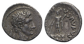Augustus (27 BC-AD 14). AR Denarius (18mm, 3.65g, 7h). Rome; L. Mescinius Rufus, moneyer, 16 BC. Laureate head r. R/ Mars, holding spear and parazoniu...