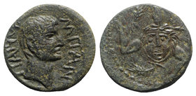 Augustus (27 BC-AD 14). Sicily, Panormus. Æ (22mm, 9.06g, 12h). Bare head r. R/ Triskeles with central gorgoneion; grain ears between legs. RPC I 641;...