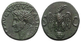 Divus Augustus (died AD 14). Æ As (25.5mm, 11.36g, 12h). Rome, c. 34-7. Radiate head l. R/ Eagle standing on globe, head r., with wings spread. RIC I ...