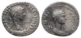 Claudius with Agrippina Junior (41-54). AR Denarius (19mm, 2.79g, 6h). Rome, AD 51. Laureate head of Claudius r. R/ Draped bust of Agrippina r., weari...
