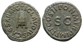 Claudius (41-54). Æ Quadrans (18mm, 3.00g, 6h). Rome, AD 41. Three-legged modius. R/ Legend around large S • C. RIC I 90. Green patina, VF
