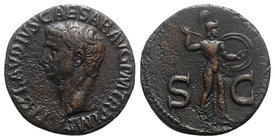 Claudius (41-54). Æ As (28mm, 9.89g, 6h). Rome. Bare head l. R/ Minerva standing r., brandishing javelin and holding shield on l. arm. RIC I 116. Roug...