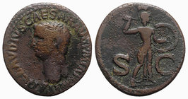 Claudius (41-54). Æ As (30mm, 10.43g, 7h). Rome. Bare head l. R/ Minerva standing r., brandishing javelin and holding shield on l. arm. RIC I 116. Goo...
