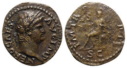 Nero (54-68). Æ Semis (17.5mm, 2.57g, 6h). Rome, AD 64. Laureate head r. R/ Roma seated on cuirass l., holding wreath and parazonium. RIC I 221. Brown...