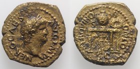 Nero (54-68). Æ Semis (19mm, 3.79g, 6h). Rome, AD 64. Laureate head r. R/ Table, seen from front and r., bearing urn and wreath, flanking S (mark of v...