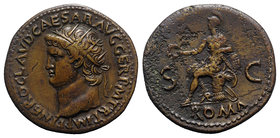 Nero (54-68). Æ Dupondius (30mm, 14.47g, 6h). Rome, AD 65. Radiate head l. R/ Roma seated l. on cuirass, holding wreath and parazonium, shields behind...