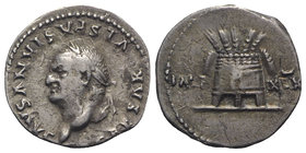 Vespasian (69-79). AR Denarius (17mm, 3.44g, 6h). Rome, 77-8. Laureate head r. R/ Modius with seven ears of grain and two poppies. RIC II 980; RSC 219...