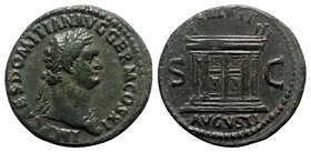 Domitian (81-96). Æ As (29mm, 10.18g, 7h). Rome, AD 85. Laureate bust r., wearing aegis. R/ Altar enclosure with double-paneled doors. RIC II 305. Gre...