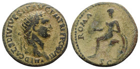 Domitian (81-96). Thrace, Uncertain mint. Æ Dupondius (28mm, 12.43g, 6h). AD 82. Radiate head r. R/ Roma seated l. on cuirass, holding wreath; shield ...