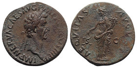 Nerva (96-98). Æ As (27mm, 9.76g, 6h). Rome, AD 97. Laureate head r. R/ Aequitas standing l., holding scales and cornucopia. RIC II 77. Near VF