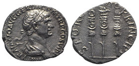 Trajan (98-117). AR Denarius (19mm, 3.24g, 6h). Rome, 113-4. Laureate and draped bust r. R/ Aquila between two signa. RIC II 294; RSC 577a. VF