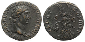 Trajan (98-117). Æ As (26mm, 11.66g, 6h). Rome, 101-2. Laureate head r. R/ Victory flying l., holding shield inscribed SP/QR and palm branch. RIC II 4...