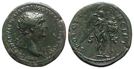Trajan (98-117). Æ Dupondius (29mm, 13.35g, 6h). Rome, 104-7. Radiate bust r., slight drapery. R/ Victory standing r., fastening a shield inscribed VI...