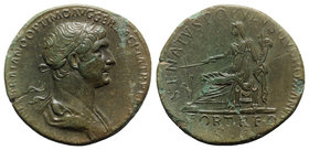 Trajan (98-117). Æ Sestertius (34mm, 23.03g, 6h). Rome, 114-5. Laureate and draped bust r. R/ Fortuna seated l., holding rudder and cornucopia. RIC II...