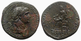 Trajan (98-117). Æ Sestertius (34mm, 27.19g, 6h). Rome, 114-5. Laureate and draped bust r. R/ Fortuna seated l., holding rudder and cornucopia. RIC II...