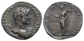 Hadrian (117-138). AR Denarius (18mm, 3.21g, 6h). Rome, AD 118. Laureate bust r., drapery on l. shoulder. R/ Felicitas standing l., holding caduceus a...