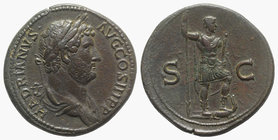 Hadrian (117-138). Æ Sestertius (33mm, 25.43g, 6h). Rome, c. 134-8 Laureate and draped bust r. R/ Emperor, in military dress, standing r., foot on cro...