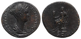 Sabina (Augusta, 128-136/7). Æ As (28mm, 12.72g, 6h). Rome, 128-134. Draped bust r., with hair drawn up, wearing stephane. R/ Vesta seated l., holding...