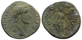 Antoninus Pius (138-161). Æ Sestertius (30.5mm, 23.76g, 12h). Rome, 141-3. Laureate head r. R/ Annona standing r., holding grain ears over modius and ...
