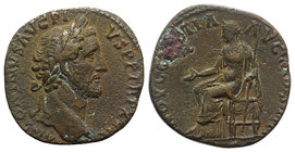 Antoninus Pius (138-161). Æ Sestertius (28mm, 20.95g, 6h). Rome, 153-4. Laureate head r. R/ Indulgentia seated l. on throne, extending hand and holdin...
