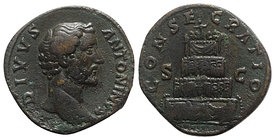 Divus Antoninus Pius (died AD 161). Æ Sestertius (31mm, 24.46g, 12h). Rome, AD 161. Bare head r. R/ Garlanded funeral pyre of four tiers surmounted by...