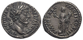 Marcus Aurelius (161-180). AR Denarius (18mm, 3.63g, 12h). Rome, AD 175. Laureate head r. R/ Felicitas standing l., holding long caduceus and cornucop...