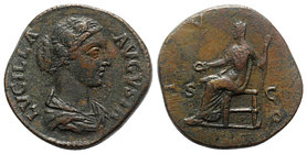 Lucilla (Augusta, 164-182). Æ Sestertius (30mm, 24.62g, 6h). Rome, c. 164-9. Draped bust r. R/ Juno seated l., holding patera and sceptre. RIC III 174...