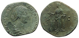 Lucilla (Augusta, 164-182). Æ Sestertius (31mm, 19.40g, 6h). Rome, 161-2. Draped bust r. R/ Pietas standing l., holding accerum and sacrificing over l...