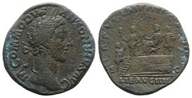 Commodus (177-192). Æ Sestertius (31mm, 24.03g, 6h). Rome, AD 181. Laureate head r. R/ Commodus seated l. on curule chair set on platform, extending h...