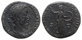 Commodus (177-192). Æ Sestertius (27.5mm, 19.36g, 12h). Rome, AD 183. Laureate head r. R/ Minerva standing r., brandishing spear and holding shield. R...