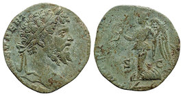 Septimius Severus (193-211). Æ Sestertius (27mm, 15.78g, 6h). Rome, AD 196. Laureate head r. R/ Victory walking l., carrying palm and wreath. Cf. RIC ...
