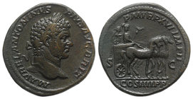 Caracalla (198-217). Æ Sestertius (32.5mm, 25.31g, 6h). Rome, AD 213. Laureate head r. R/ Caracalla, holding eagle-tipped sceptre, driving slow quadri...
