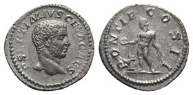Geta (Caesar, 198-209). AR Denarius (18.5mm, 3.12g, 6h). Rome, AD 208. Bareheaded and bearded head r. R/ Genius standing l., sacrificing from patera o...