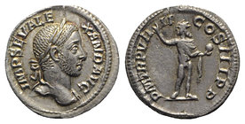 Severus Alexander (222-235). AR Denarius (19mm, 2.91g, 12h). Rome, AD 230. Laureate head r. R/ Sol standing facing, head l., raising hand and holding ...