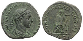 Severus Alexander (222-235). Æ Sestertius (29mm, 14.24g, 12h). Rome, AD 223. Laureate, draped and cuirassed bust r. R/ Pax seated l., holding branch a...