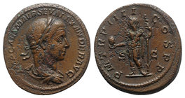 Severus Alexander (222-235). Æ As (27mm, 11.08g, 12h). Rome, AD 225. Laureate and draped bust r. R/ Emperor, in military dress, standing l., holding g...