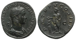 Severus Alexander (222-235). Æ Sestertius (30.5mm, 18.98g, 11h). Rome, AD 226. Laureate, draped and cuirassed bust r. R/ Alexander standing l., holdin...