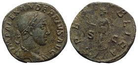Severus Alexander (222-235). Æ Sestertius (30mm, 18.50g, 12h). Rome, AD 232. Laureate bust r., slight drapery. R/ Spes advancing l., holding flower an...