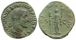 Maximinus I (235-238). Æ Sestertius (31mm, 21.10g, 12h). Rome, 236-7. Laureate, draped and cuirassed bust r. R/ Fides standing l., holding signum in e...