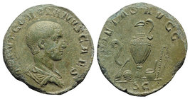 Gordian III (Caesar, AD 238). Æ Sestertius (31mm, 16.42g, 12h). Rome, c. April-June AD 238. Bareheaded and draped bust r. R/ Emblems of the pontificat...