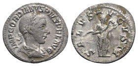 Gordian III (238-244). AR Denarius (20mm, 2.52g, 7h). Rome, AD 240. Laureate, draped and cuirassed bust r. R/ Salus standing r., feeding serpent from ...