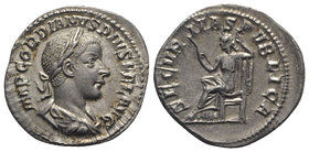Gordian III (238-244). AR Denarius (20mm, 3.01g, 2h). Rome, AD 241. Laureate, draped and cuirassed bust r. R/ Securitas seated l. on throne, holding s...