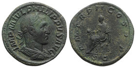 Philip I (244-249). Æ Sestertius (31mm, 20.02g, 12h). Rome, AD 245. Laureate, draped and cuirassed bust r. R/ Philip seated l. on curule chair, holdin...