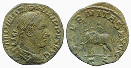 Philip I (244-249). Æ Sestertius (27mm, 16.14g, 12h). Rome, 248-9. Laureate, draped and cuirassed bust r. R/ Elephant walking l., guided by mahout wit...