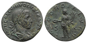 Volusian (251-253). Æ Sestertius (29mm, 18.95g, 12h). Rome, AD 253. Laureate, draped and cuirassed bust r. R/ Concordia standing l., holding patera an...