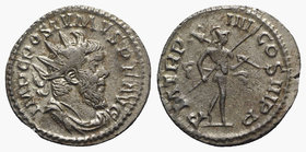 Postumus (260-269). AR Antoninianus (22mm, 3.40g, 1h). Treveri, 263-5. Radiate, draped and cuirassed bust r. R/ Mars advancing r., holding trophy and ...