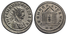 Probus (276-282). Radiate (23mm, 3.64g, 11h). Rome, AD 276. Radiate and cuirassed bust r. R/ Hexastyle temple, containing figure of Roma seated facing...